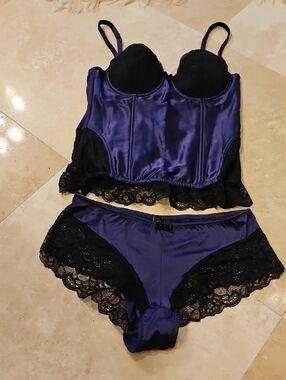 Blush Deep Purple Satin Bustier & Lace-Trim Briefs